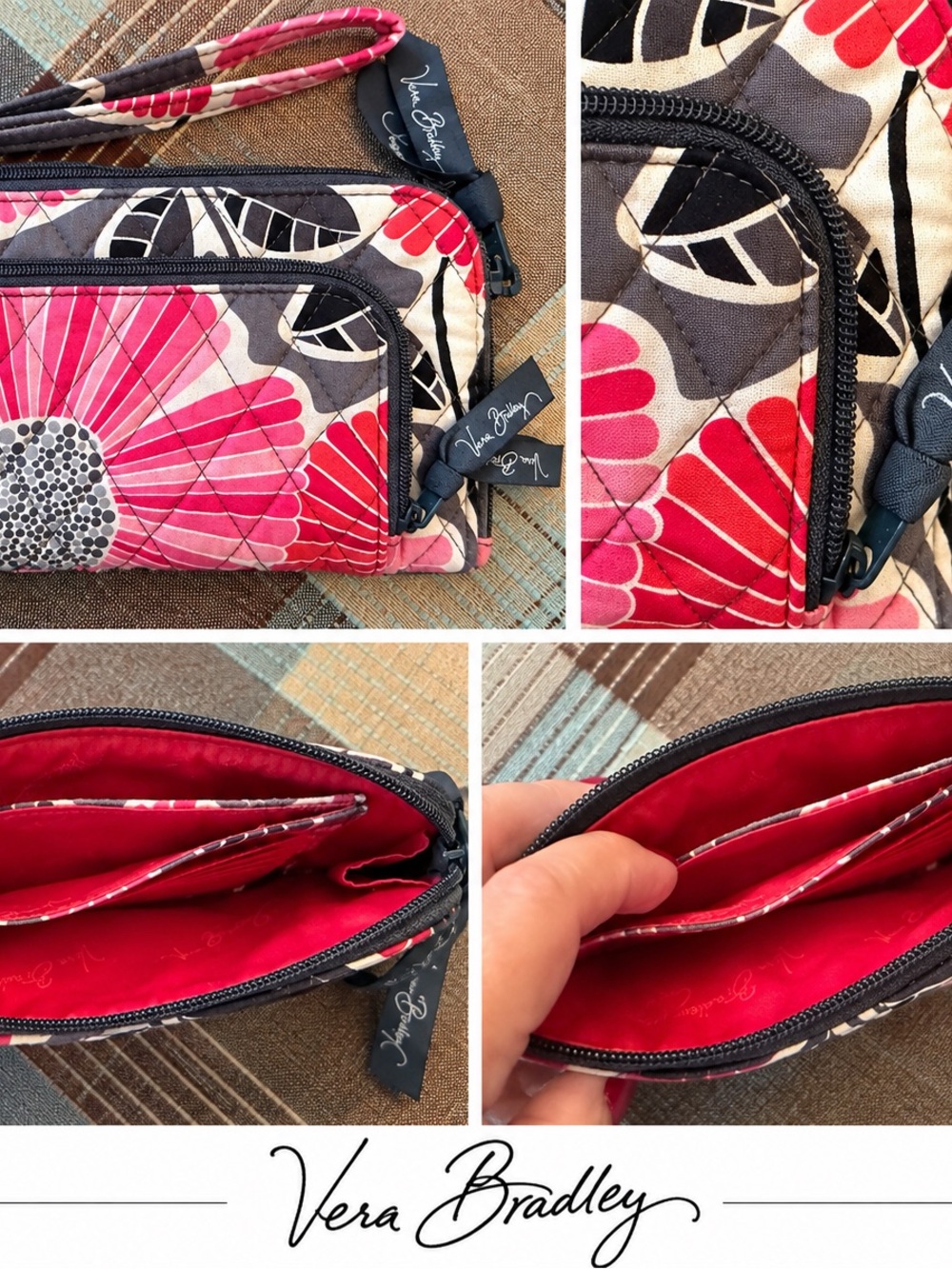 Vera Bradley Pink Red Floral Quilted Wristlet